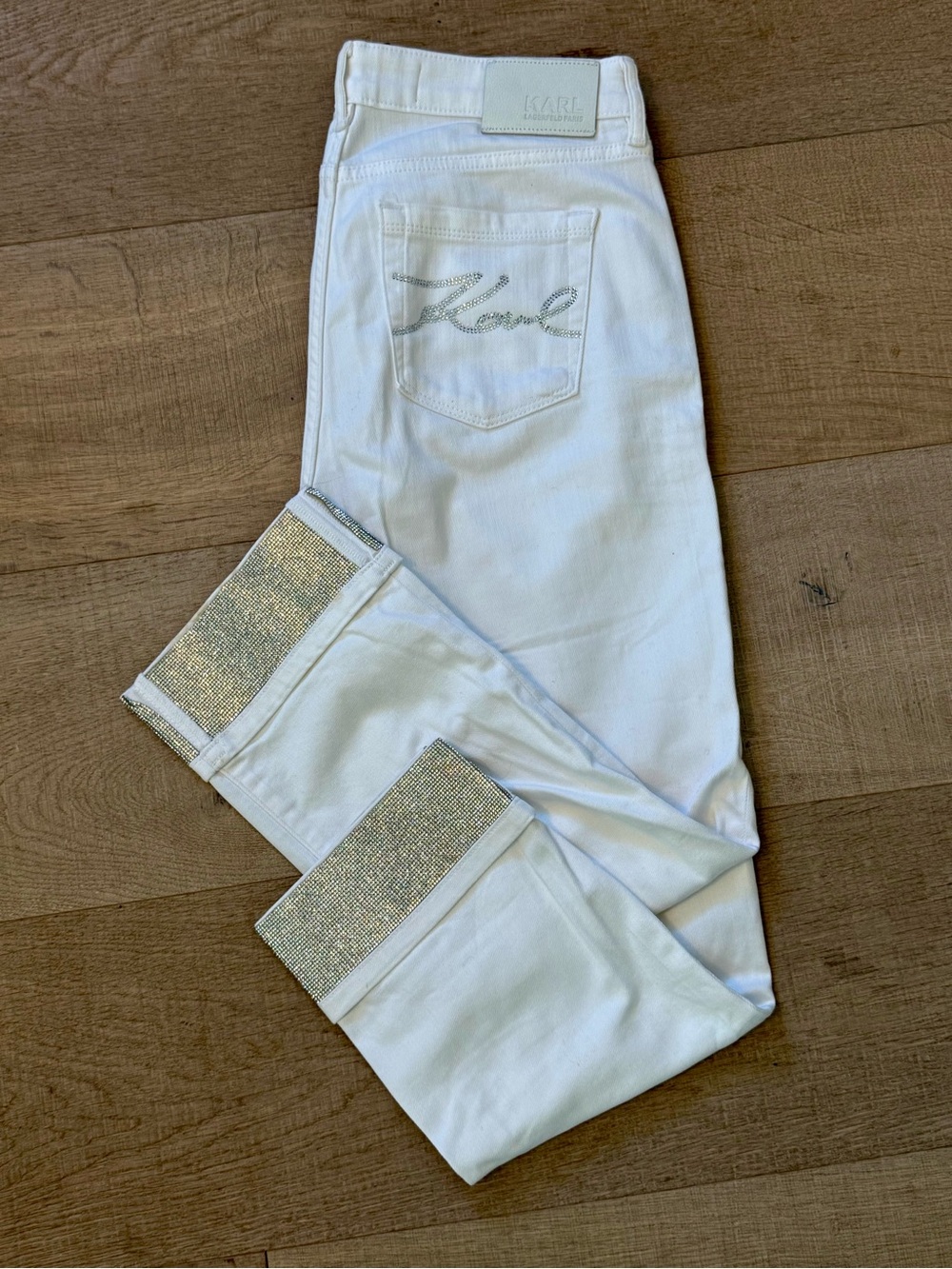 Karl Lagerfeld Paris Crystal-Cuff Cropped Jeans White 6P NWOT
